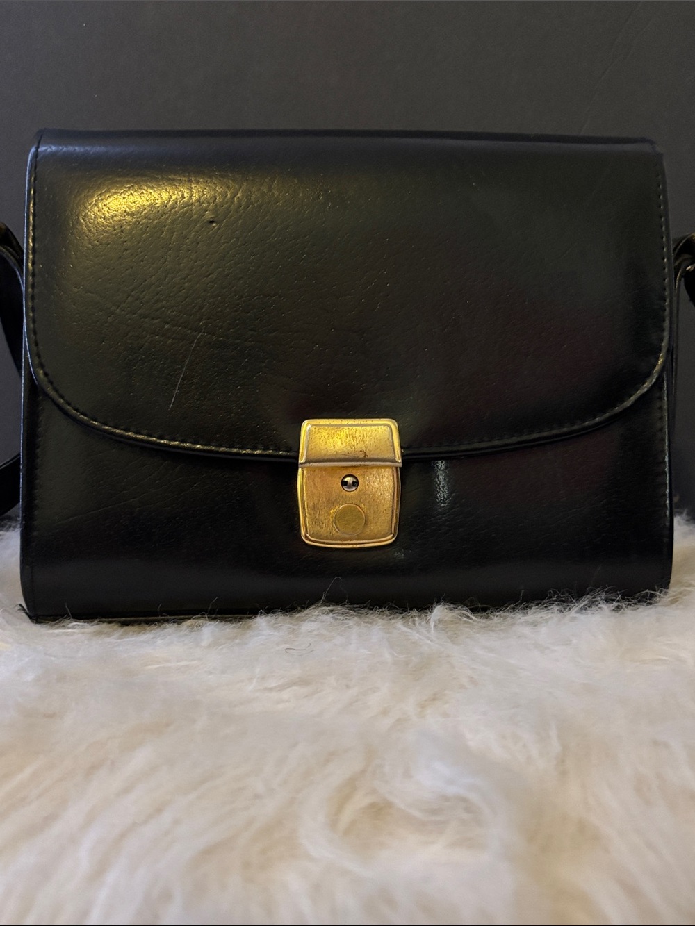 Black  vintage patent Leather Crossbody Bag with Gold Push-Lock